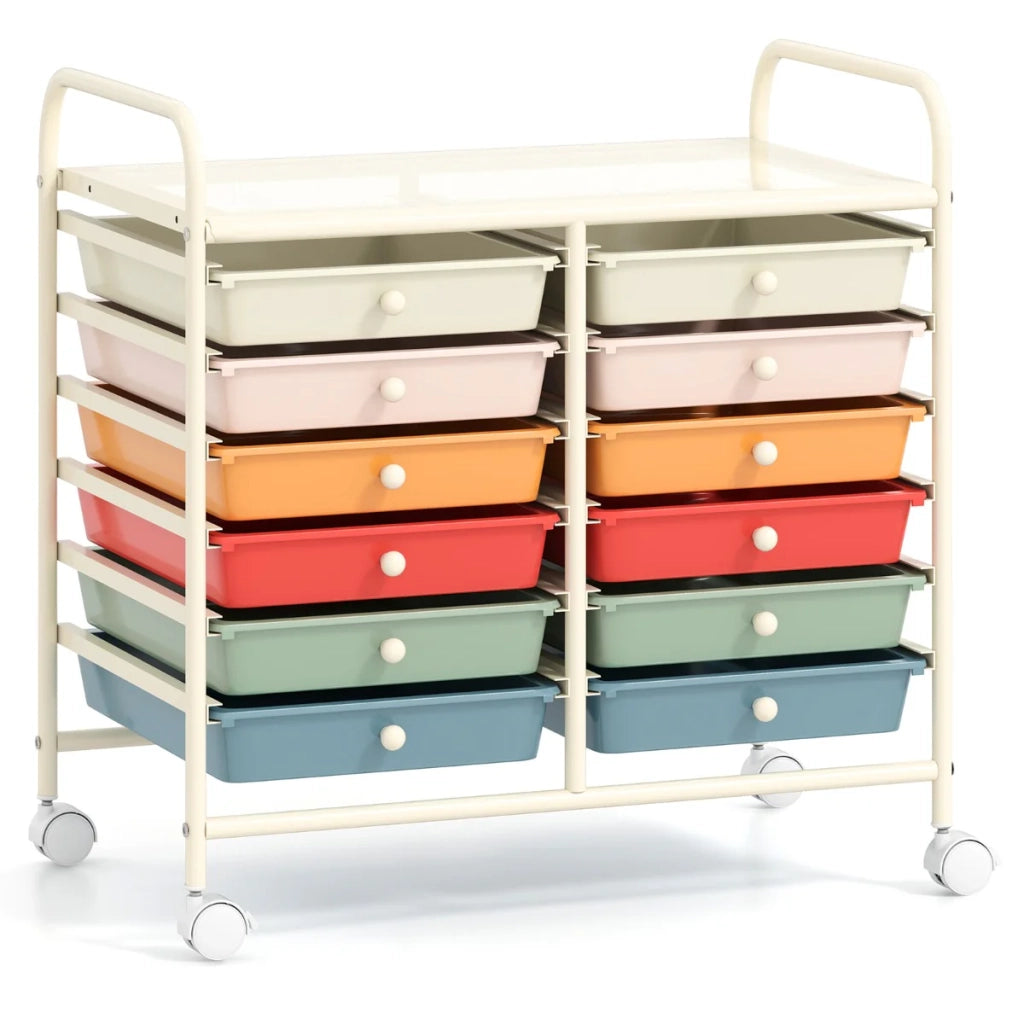 Carrello portaoggetti con ruote set da 1 64 x 38 x 62 cm 12 cassetti estraibili atmosfera accogliente metallo bianco 20_0011362