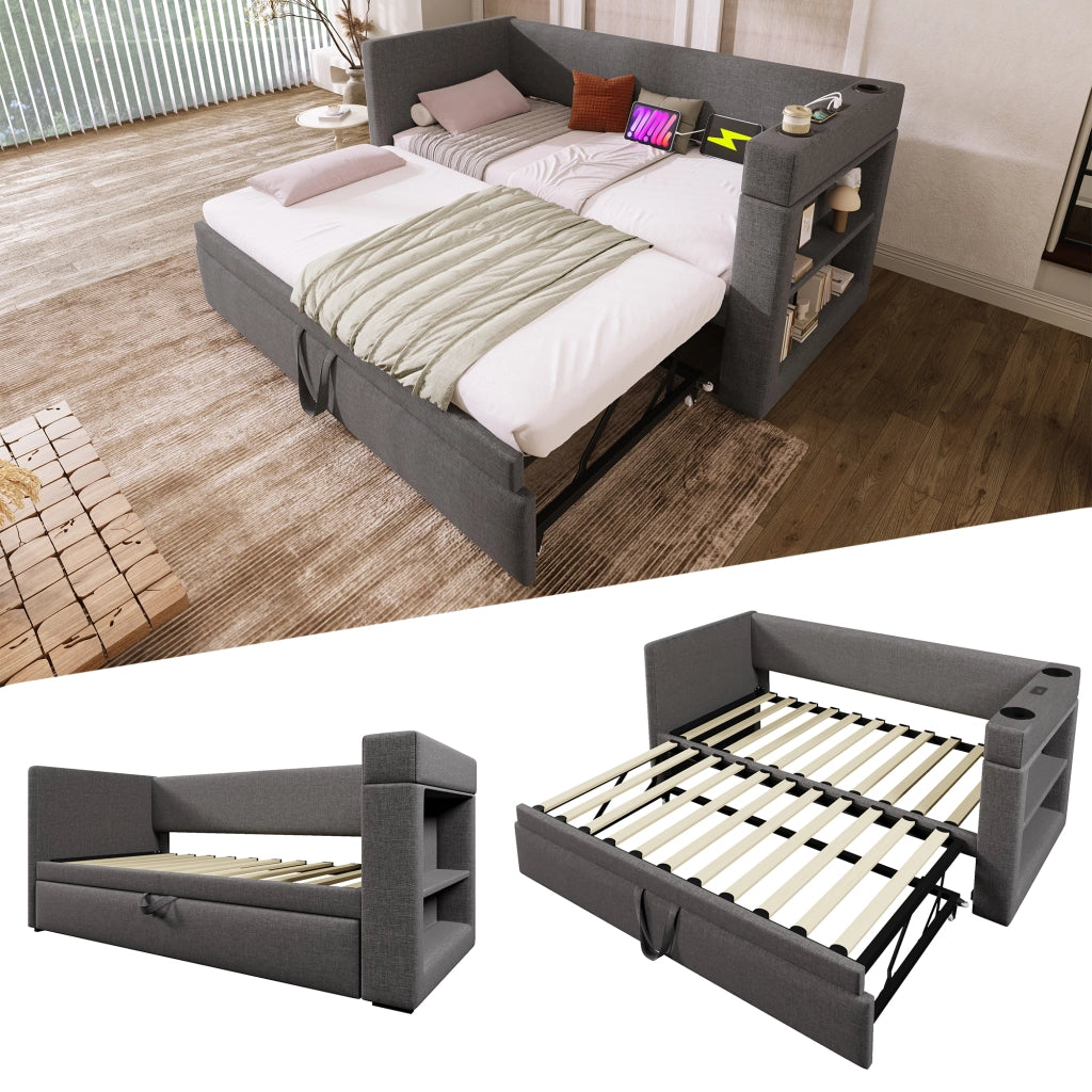 LETTO Divano 90x190 cm con letto estraibile USB Type-C tessuto grigio