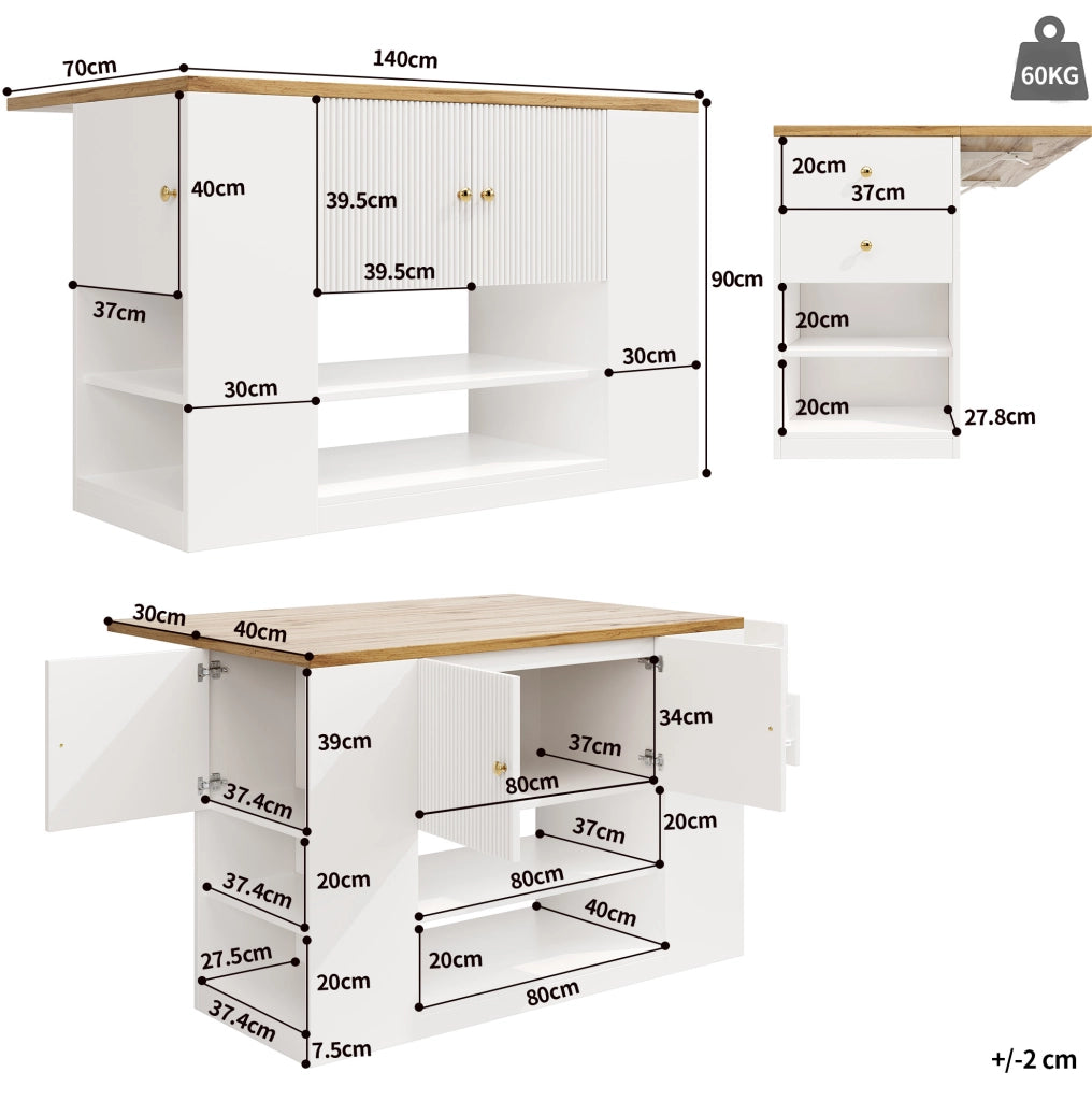 Isola da cucina pieghevole con contenitore in MDF e metallo bianca