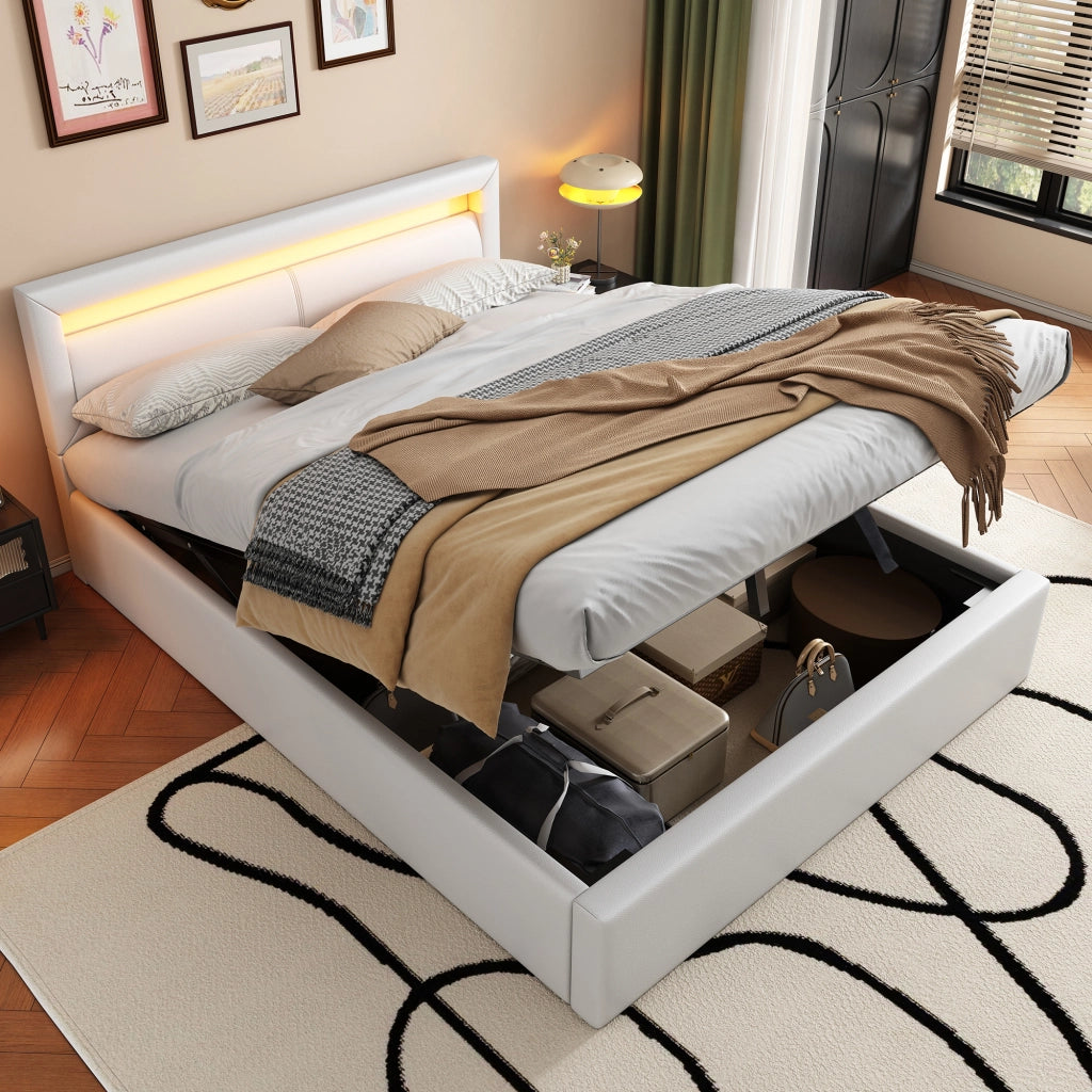 LETTO imbottito LED 140x200 cm Bianco in PU con rete a doghe e contenitore