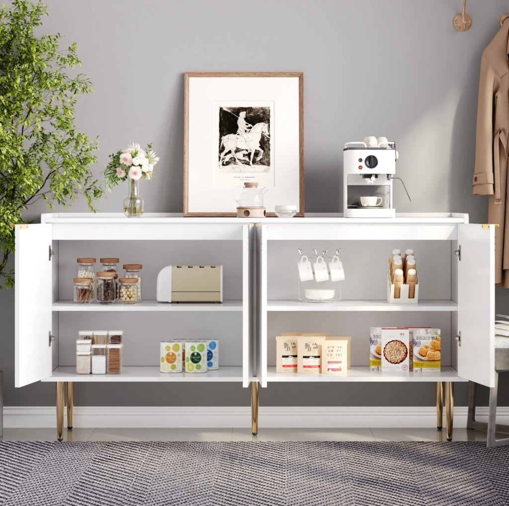 Sideboard 140x38x75 cm con 4 ante; ripiani regolabili; MDF; bianco