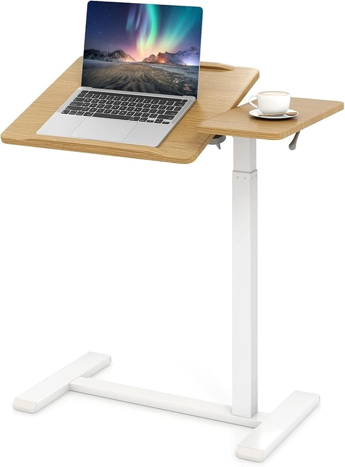 Tavolo per Computer, Tavolino Portatile e Regolabile in Altezza con Piano Inclinabile e 2 Fermi, Desk a Forma di C con Ruote per Camera da Letto e Ufficio, 68 x 49 x 70-103,5 cm