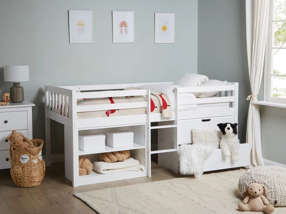 Letto per bambini in legno bianco UE misura singola 90 x 200 cm con telaio a doghe cassetti e ripiani letto per bambini piccoli