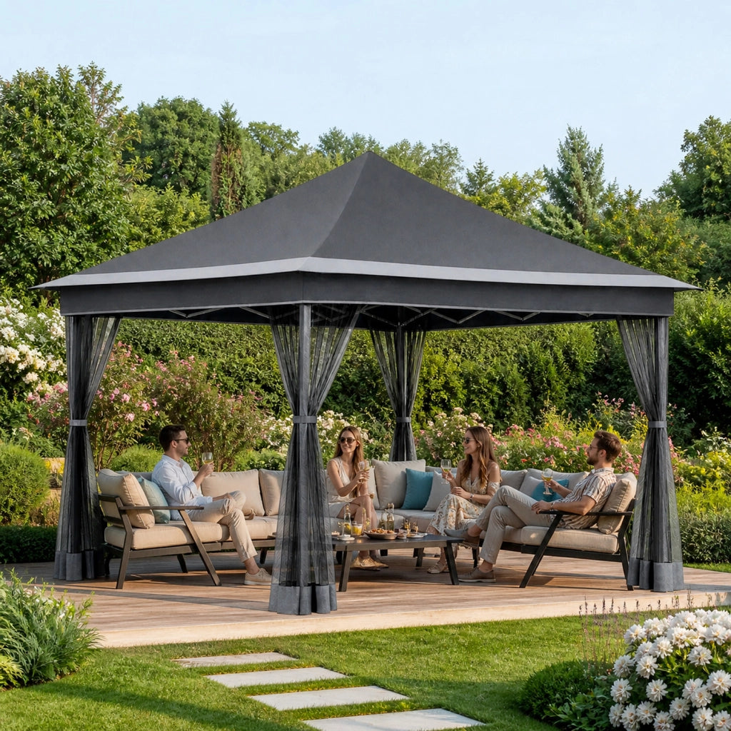 Gazebo Pieghevole Da Giardino Con Teli Zanzariera Laterali Copertura Oxford UV50+ Telaio Regolabile Pop Up Con Borsa Trasporto Outdoor 360 x 360 x 310 Cm Grigio Scuro