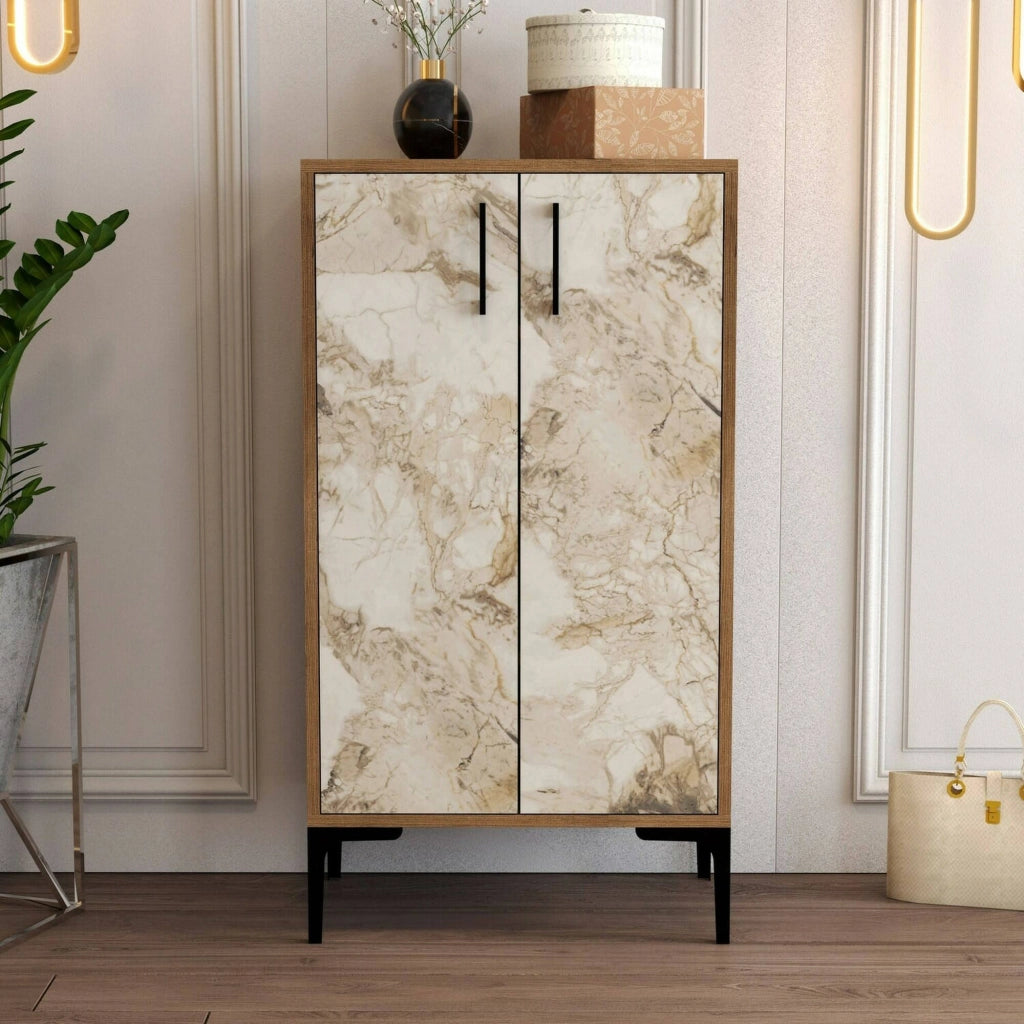 Scarpiera Axarix, Mobile portascarpe, Armadio da ingresso multiuso, Mobiletto per calzature, 60x35h111 cm, Noce e Bianco Marmo
