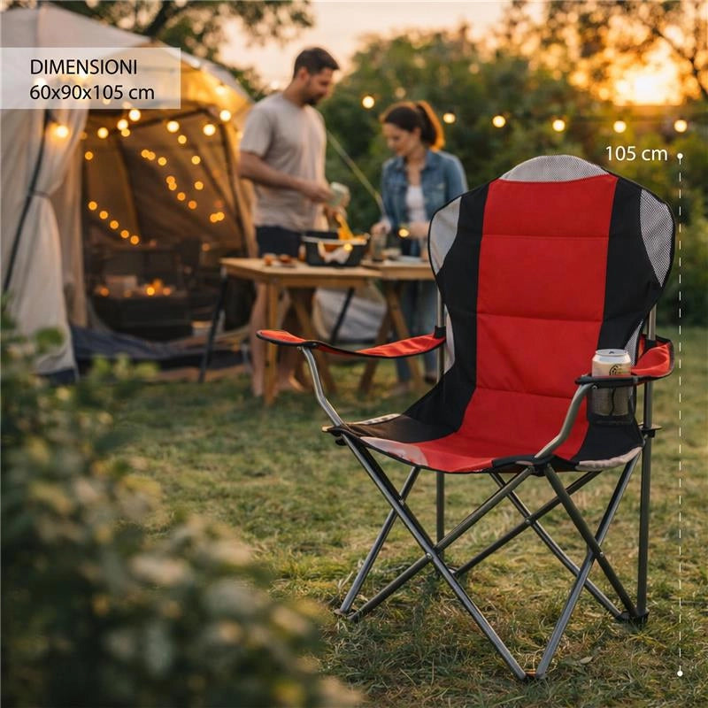 SET 2 SEDIE DA CAMPING IN TESSUTO ROSSO CON CHIUSURA A FISARMONICA POGGIOLI E PORTA BEVANDE  60X90X105 CM