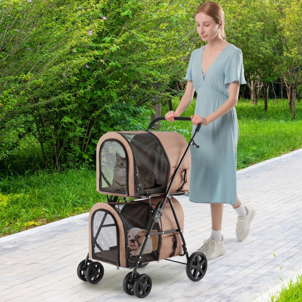 Passeggino pieghevole per animali a doppio livello con 4 ruote, Passeggino 4 in 1 per cani e gatti Beige-Giochi e accessori per cani