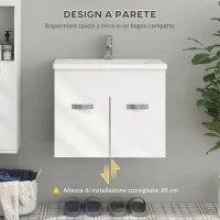kleankin Mobile Bagno Sospeso con Lavabo, Armadietto a 2 Ante con Cerniere Ammortizzate, 61x40x50cm, Bianco Lucido