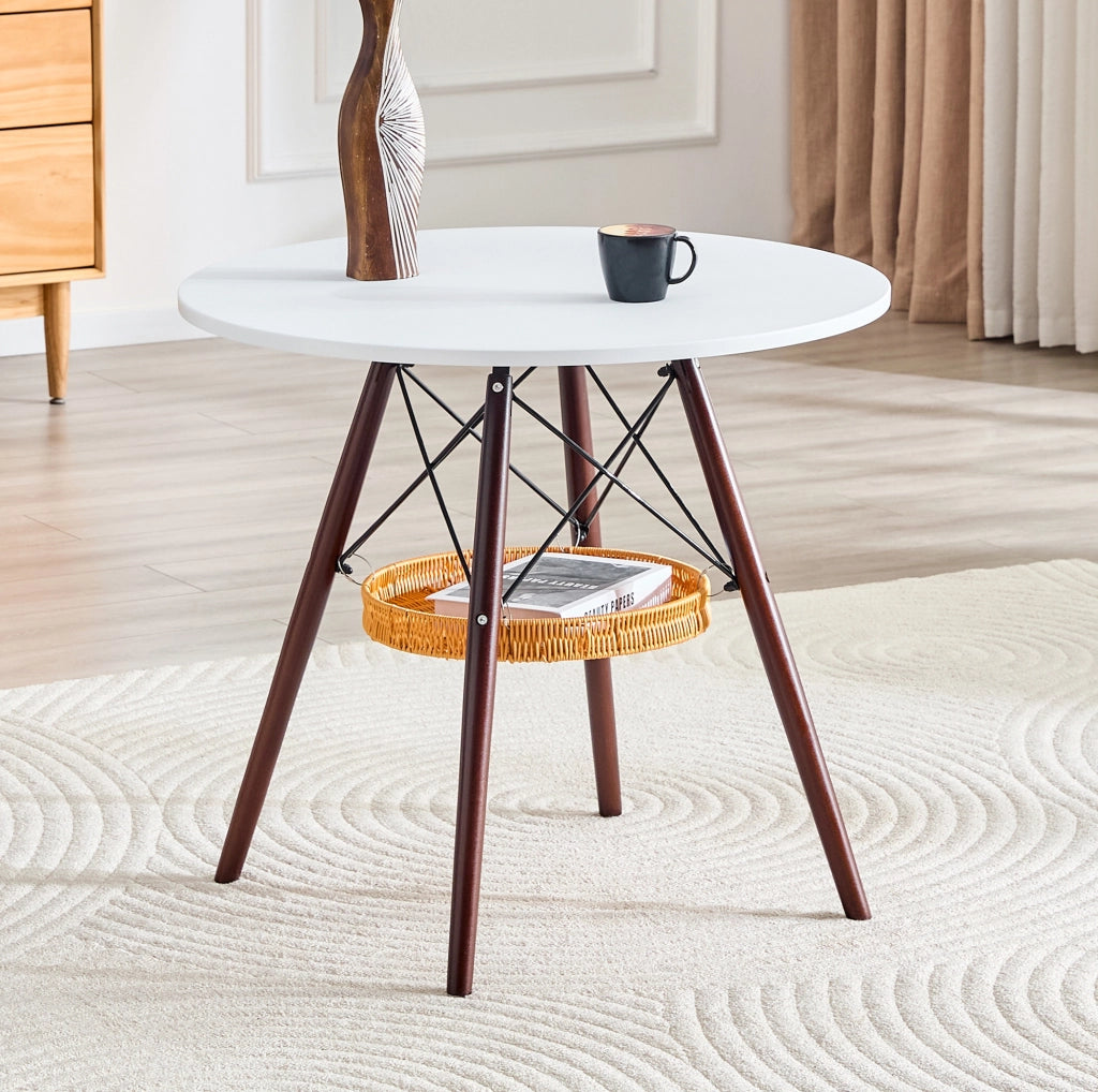 Tavolo rotondo ? 80 cm in MDF bianco e legno massello noce con cestello sospeso