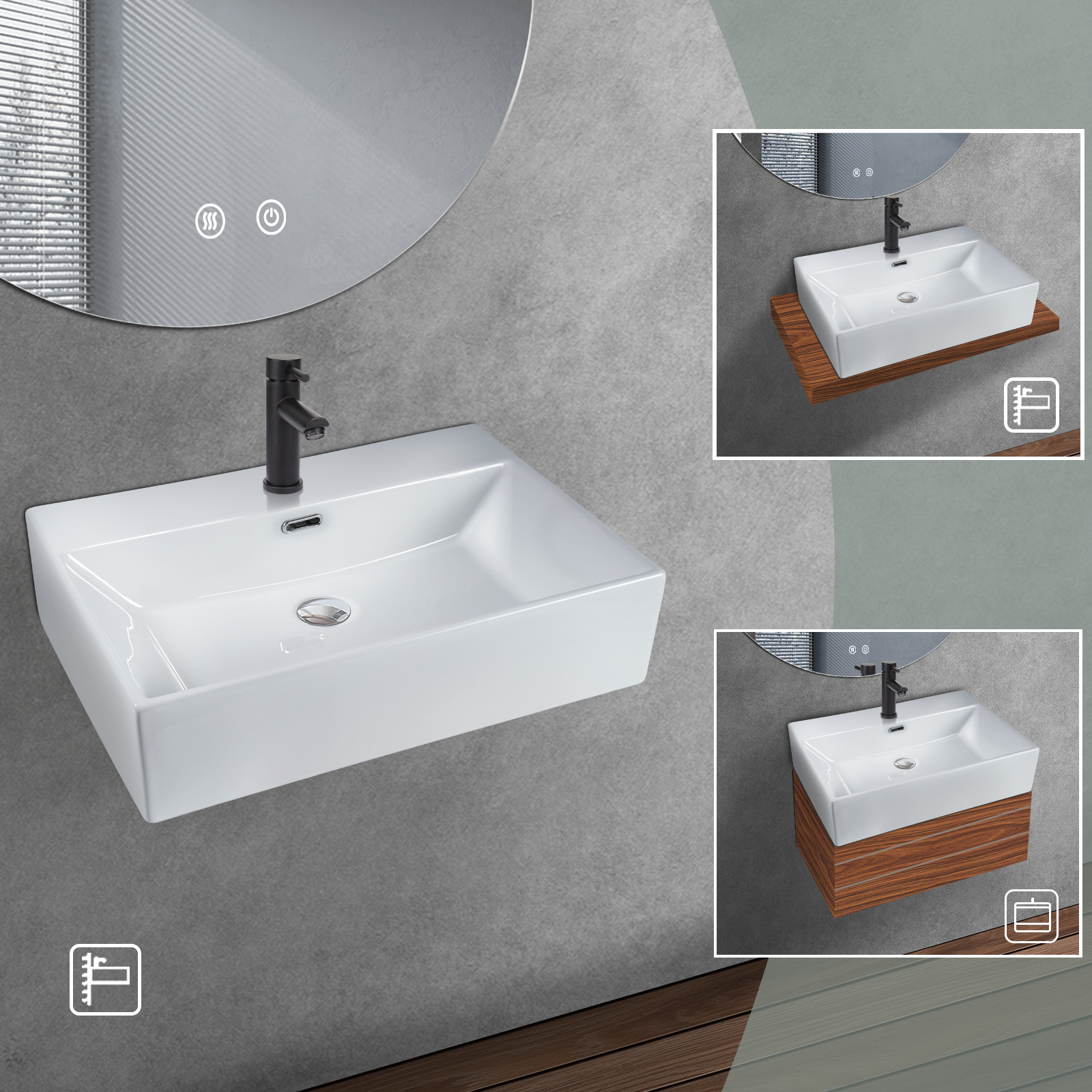 ZMH Lavabo da appoggio per bagno lavabo da appoggio rettangolare in ceramica bianca 60x42x15cm