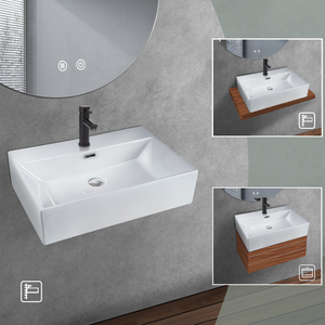 ZMH Lavabo da appoggio per bagno lavabo da appoggio rettangolare in ceramica bianca 60x42x15cm