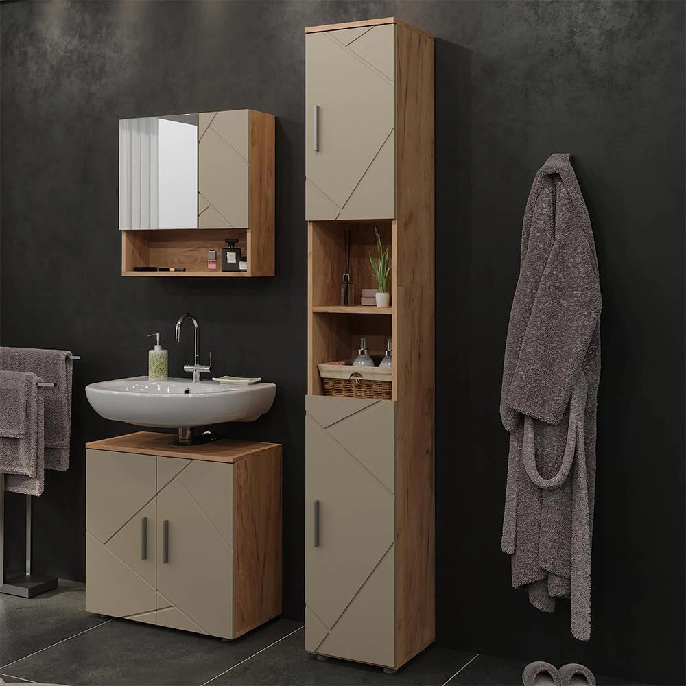 Armadio per il bagno Irma, Beige, 30 x 192 cm, adatto per la conservazione di articoli da bagno e asciugamani