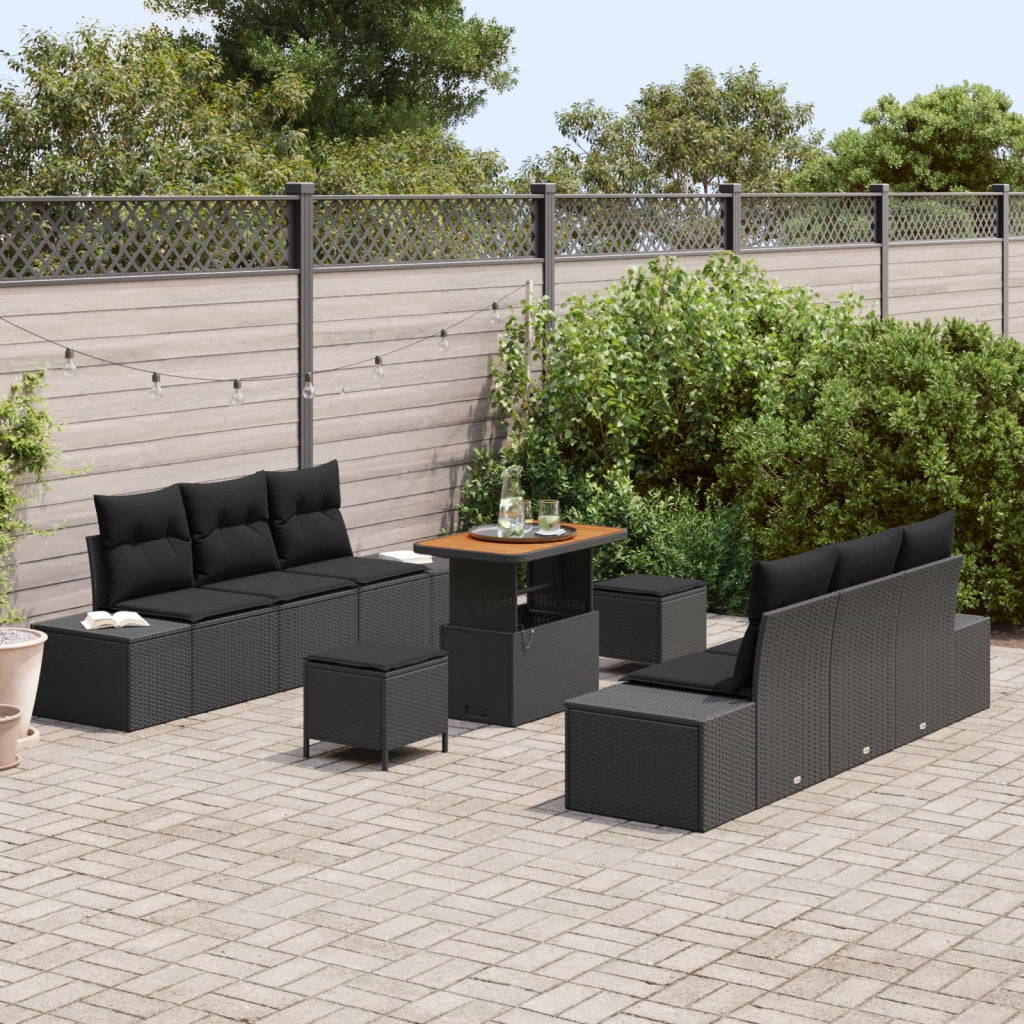 Set Divano Giardino 9 Pezzi con Cuscini Nero Polyrattan Acacia