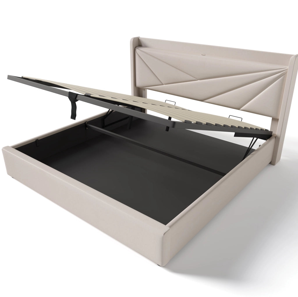 Letto matrimoniale 160x200 cm con contenitore; testiera con USB e Type-C; beige in cotone e lino