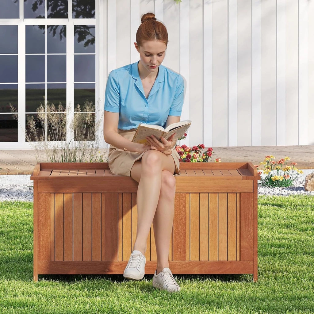 Baule da Giardino 220L, 3 in 1 Cassapanca Contenitore in Legno Massello con Coperchio Ribaltabile e Bordi Rialzati, Panca Portaoggetti per Interni e Esterni, 113,5 x 52 x 58,5 cm