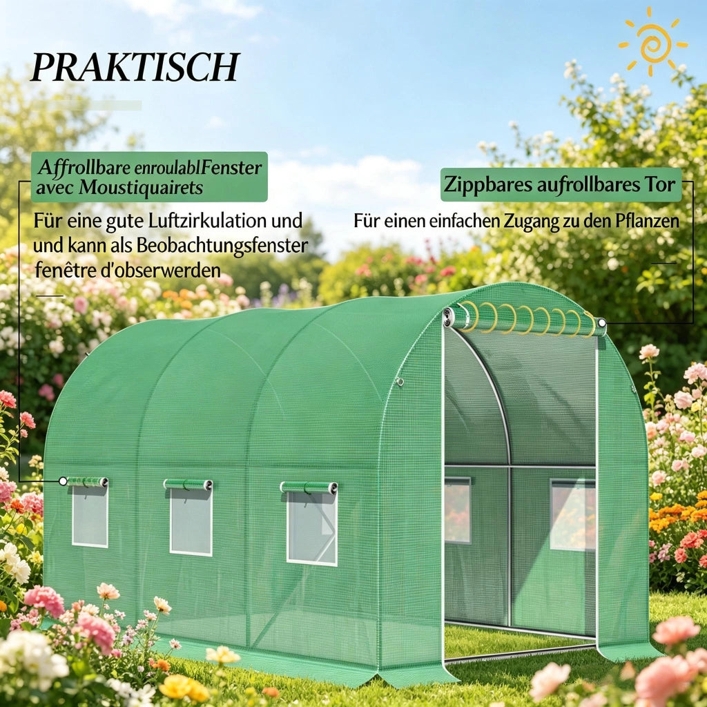 Serra a tunnel con porta avvolgibile e 6 finestre, telo in polietilene 140 g/m², struttura in metallo verde