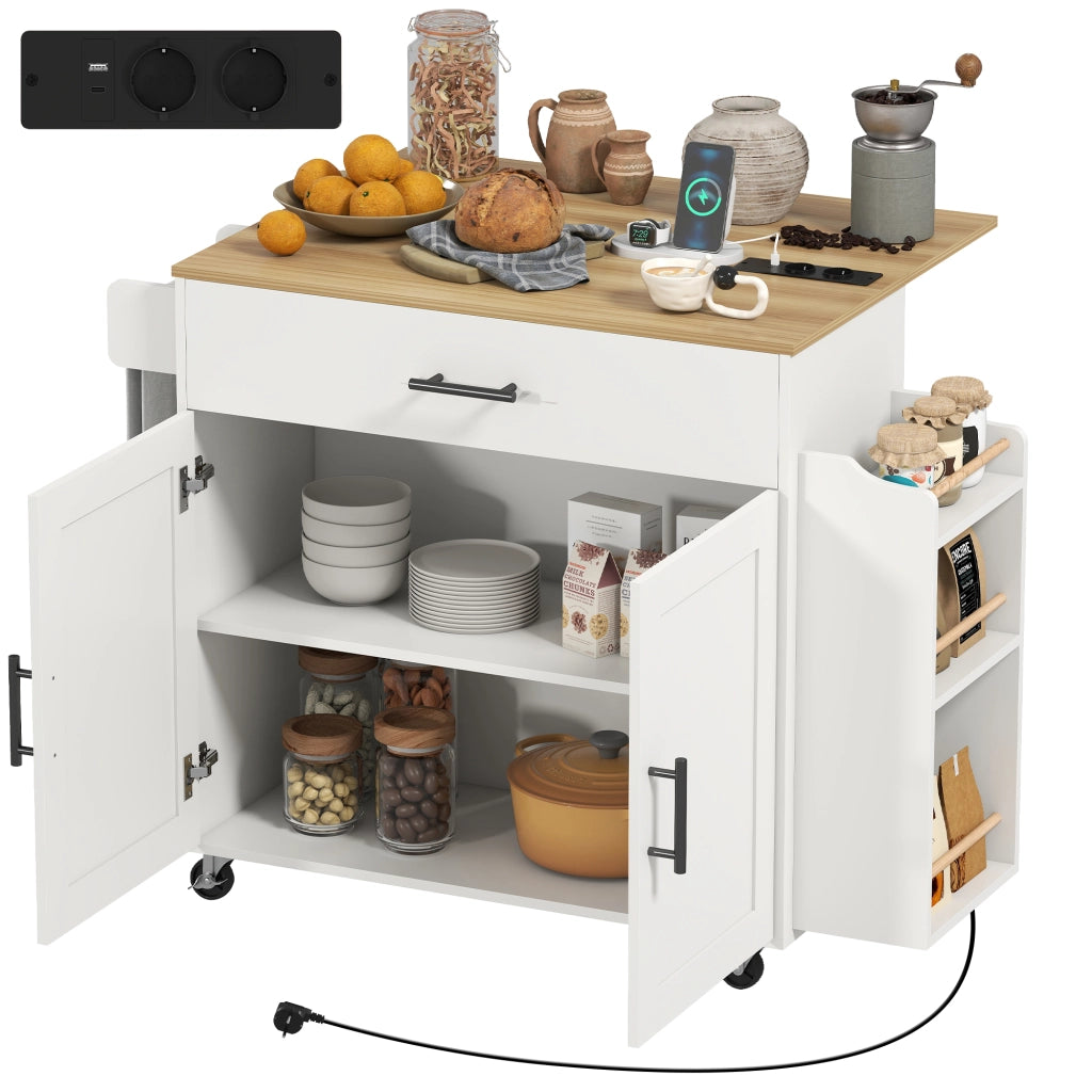 Carrello da cucina con ruote ¨C Xylo ¨C piano ribaltabile, cassetto, ripiano, 120x68x85 cm, bianco