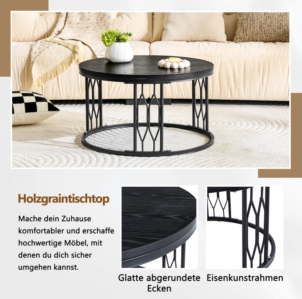 Tavolino da caffè rotondo ?70 cm in MDF effetto legno e metallo nero