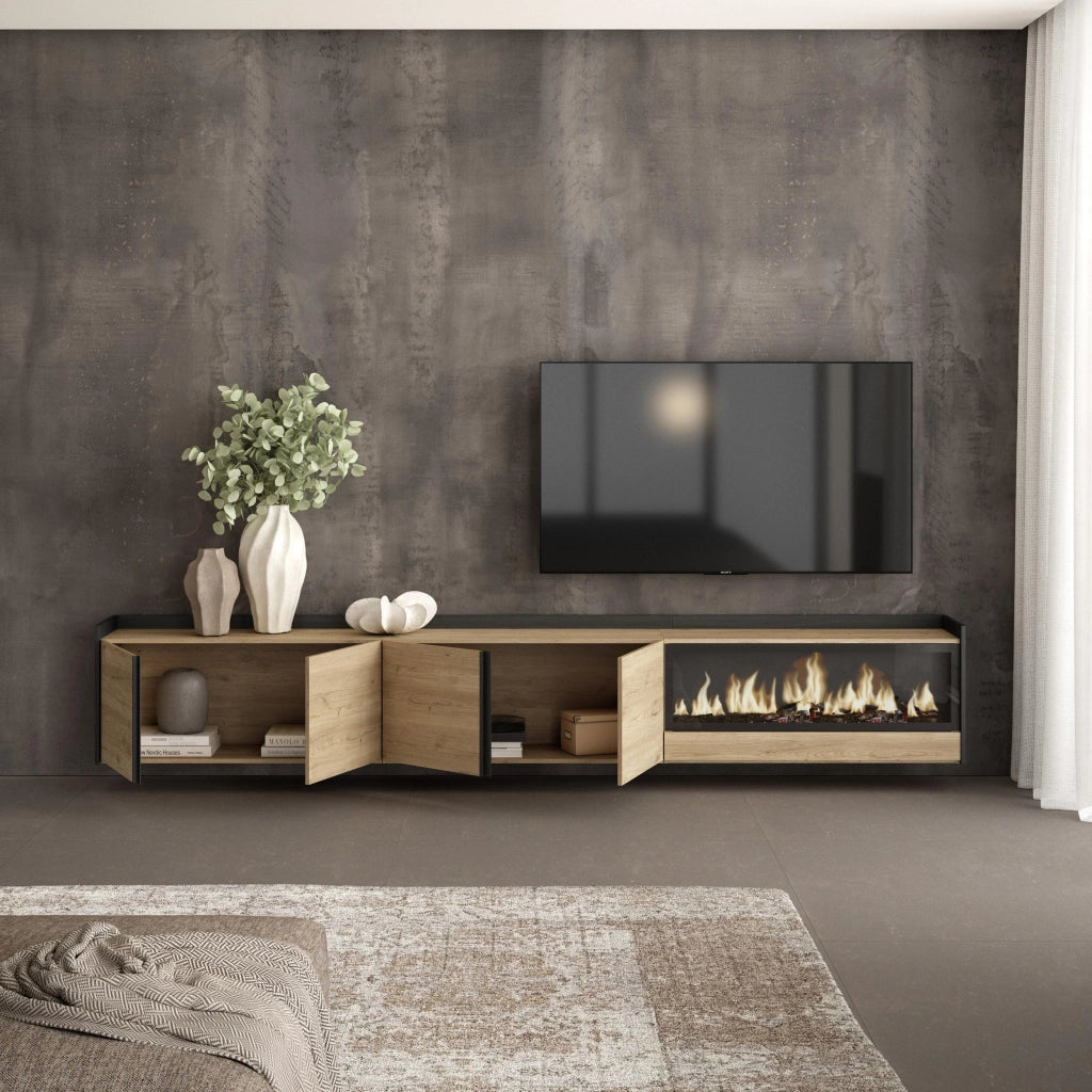 Mobile TV Soggiorno, 315x50x35 cm, Per TV fino a 80", Camino elettrico XXL, Sospeso, da appendere, Rovere e nero