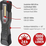 Lanterna a batteria HL 1000 A IP54 - potente lanterna LED per esterno con LED COB - 1000+200lm - durata massima di illuminazione 24h - con magneti e gancio - interfaccia di ricarica USB C