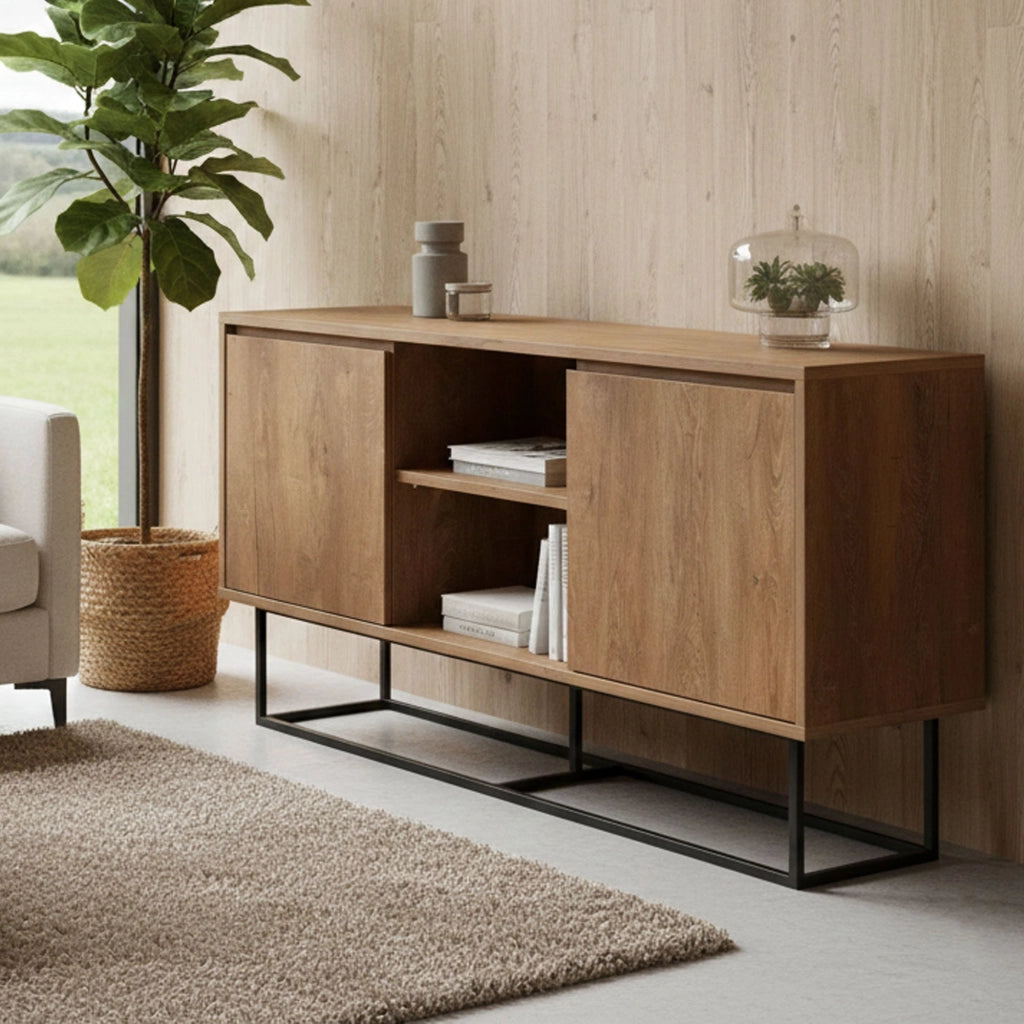 Credenza Levante, Buffet da soggiorno, Madia da salotto, Dispensa da cucina, 140x36h72 cm, Noce e Nero
