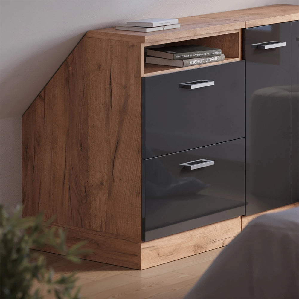 Mobile cucina sottotetto R-Line Antracite lucido/Rovere dorato 60 cm con 2 cassetti, carcassa 60 cm profondità Vicco