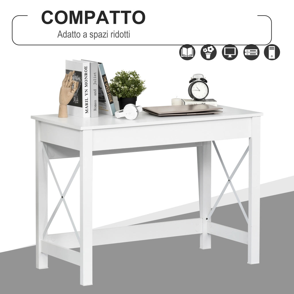 Scrivania porta PC dal Design Moderno e Minimal, in Legno e Acciaio, 105x50x76 cm, Bianco