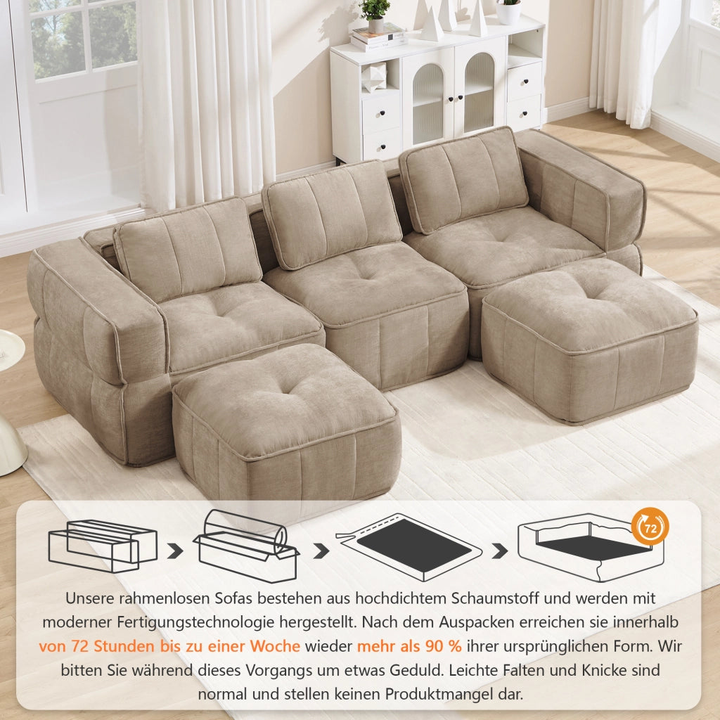 Divano modulare a U 3 posti con seduta profonda e pouf senza struttura in poliestere sabbia 271 × 162 × 67 cm