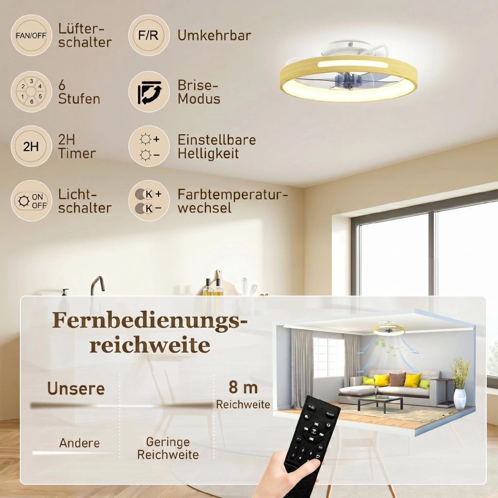 Ventilatore da soffitto con luce LED e telecomando ¨C Xylo ¨C 49cm, 3 temperature colore, finitura legno naturale