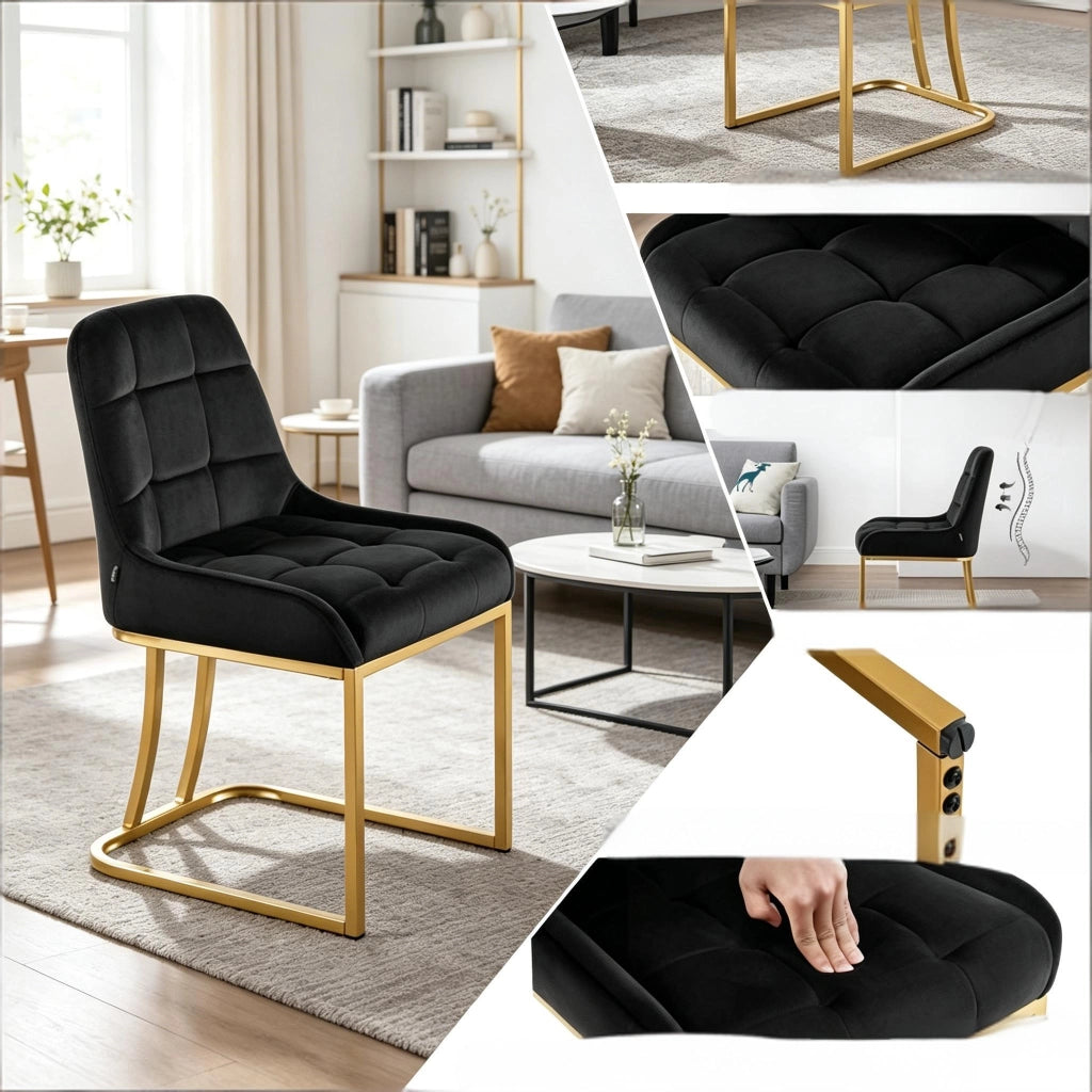 Sedia da Pranzo Set da 2 con Schienale Ergonomico e Piedini Regolabili in Metallo e Velluto Nero