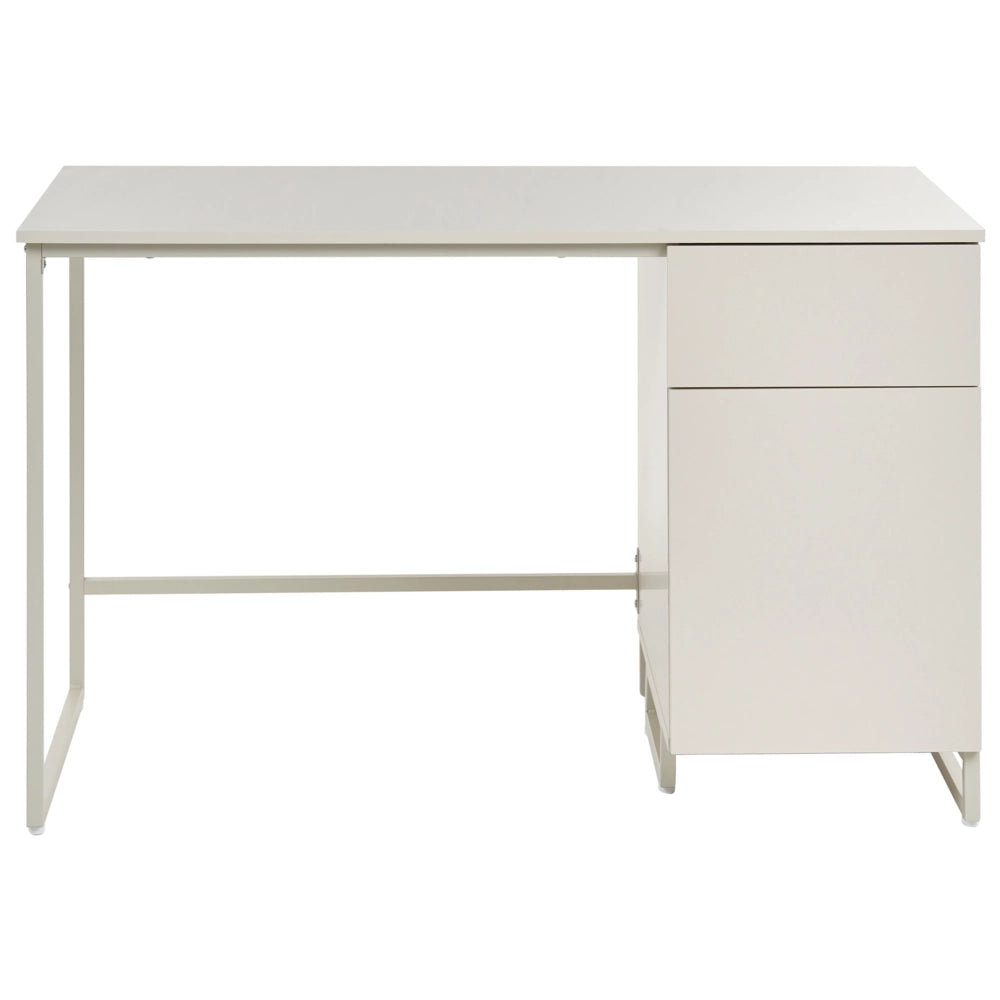 Scrivania da ufficio per casa in MDF beige chiaro, 120 x 60 cm, struttura in acciaio con cassetto e vano chiuso, design moderno e minimalista