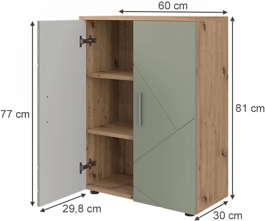mobiletto bagno Irma, Verde salvia, 60 x 81 cm, Due ante offrono spazio contenitivo nascosto per prodotti per la cura e asciugamani