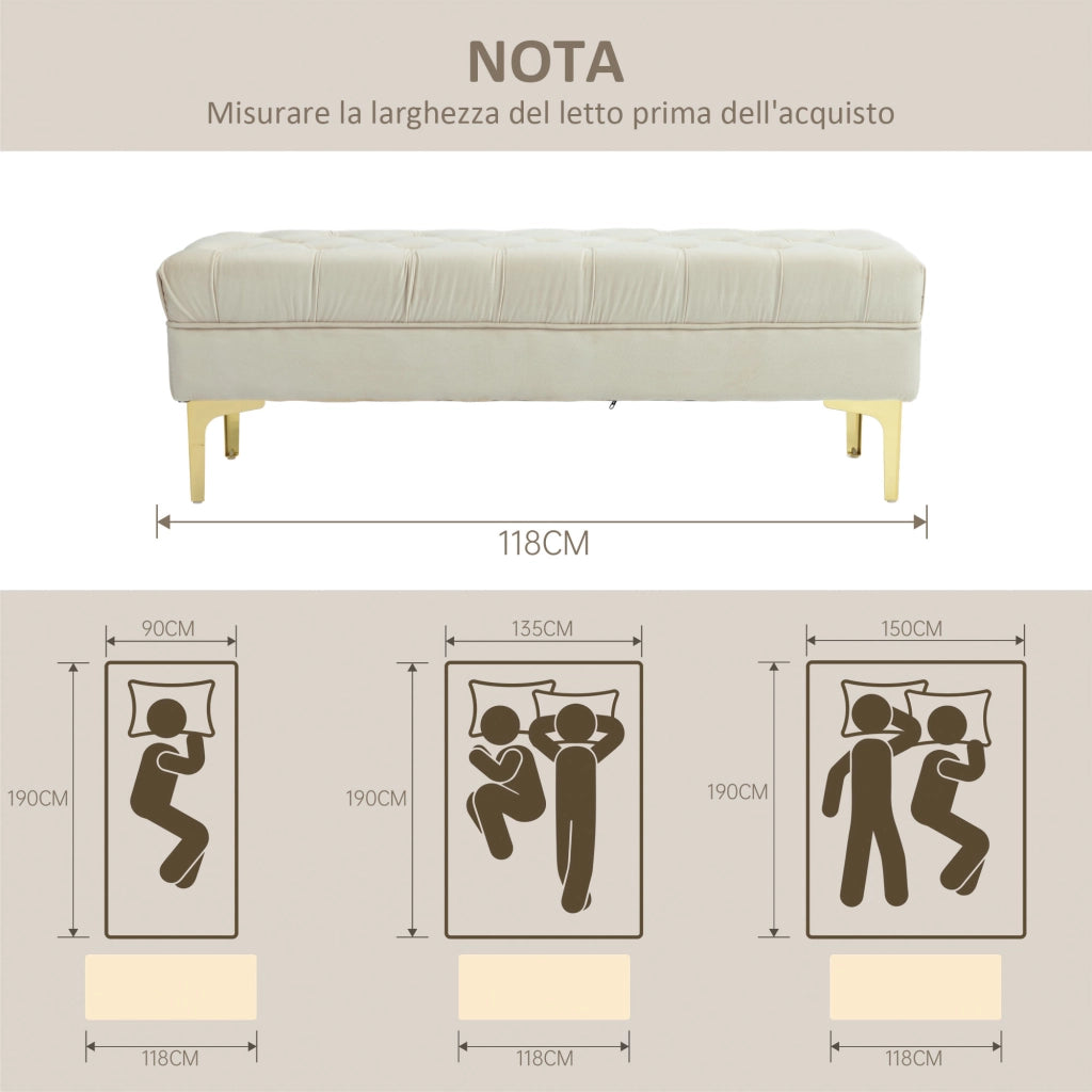 Panca Letto Imbottita in Tessuto Effetto Velluto ¨C zephmum ¨C Beige 118x45x42 cm
