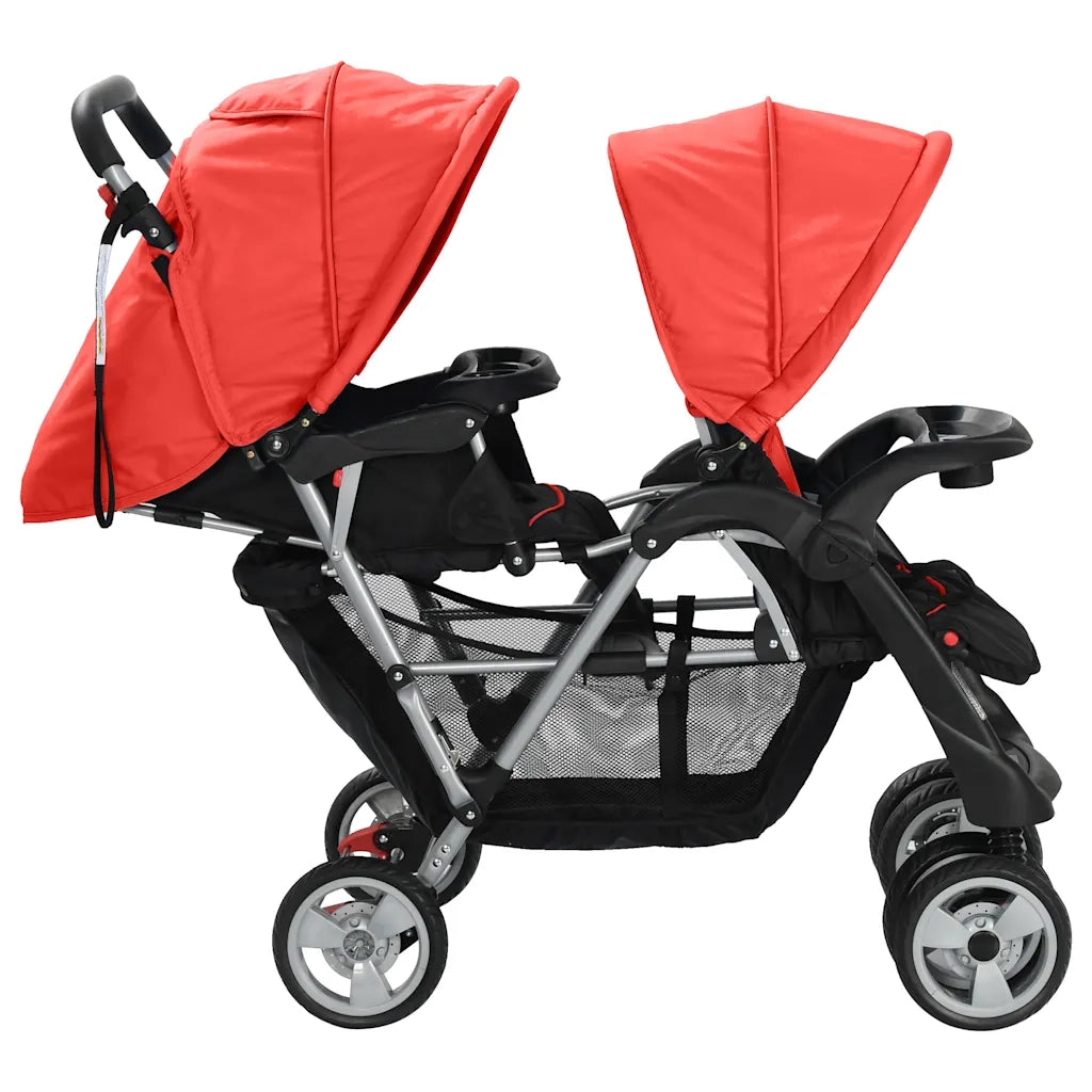 Passeggino Gemellare a Tandem in Acciaio Rosso e Nero 10111