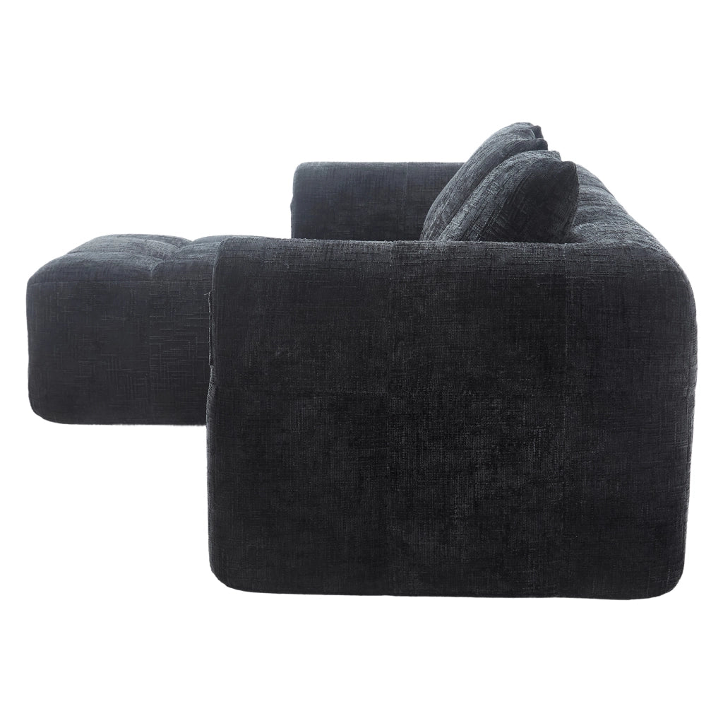 Divano angolare modulare 3 posti in ciniglia nera con chaise longue, tasche laterali e cuscini