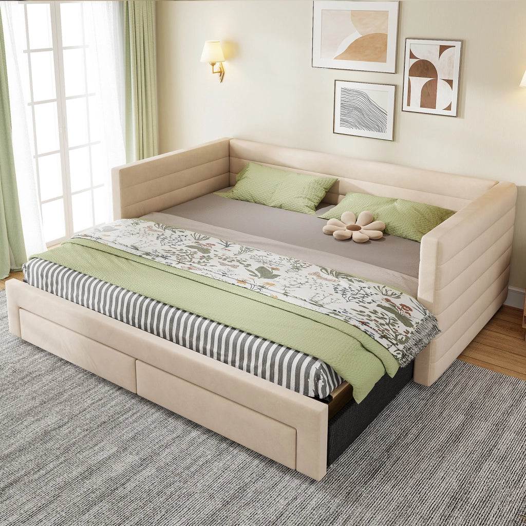 Divano letto estraibile con 2 cassetti e funzione letto in cotone e lino beige 90 × 190 cm