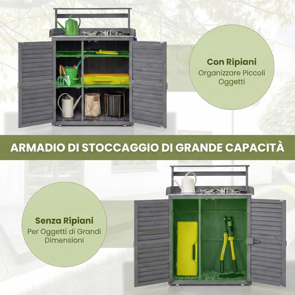 Armadietto da Esterno in Legno a 2 Livelli con Piano di Lavoro in Metallo Zincato, 3 Ganci Appendiabiti, Ripiani Rimovibili e Ante a Doghe, per Giardino, Balcone e Cortile (Grigio)