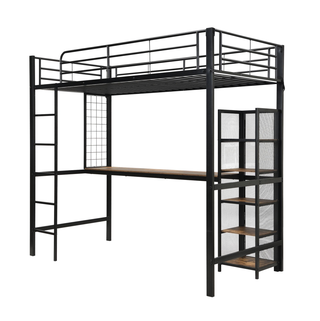 Letto a soppalco 90x200 cm con scrivania e vani portaoggetti in MDF e metallo nero e legno scuro