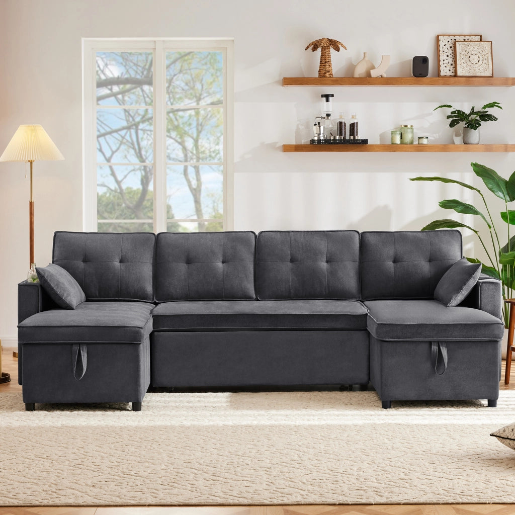 DIVANO LETTO U-form 270x130x86 cm Grigio in tessuto cotone e lino
