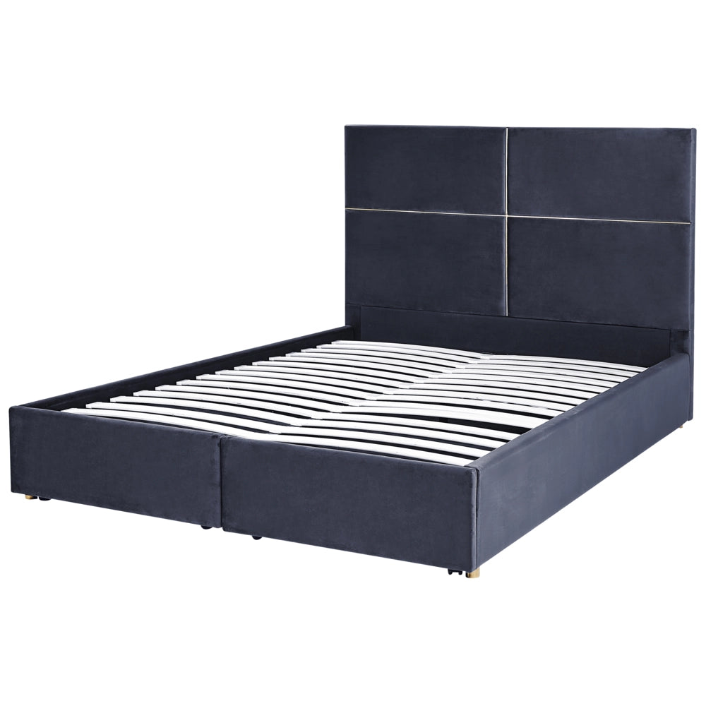 Letto con rete in velluto nero dorato 160 x 200 cm cassetti contenitori