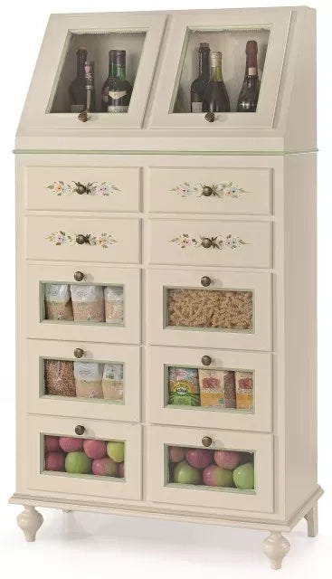 Dispensa 10 cassetti 2 ante legno bianco sporco e profili verdi 80x42x153 (501) - Mobili 2G