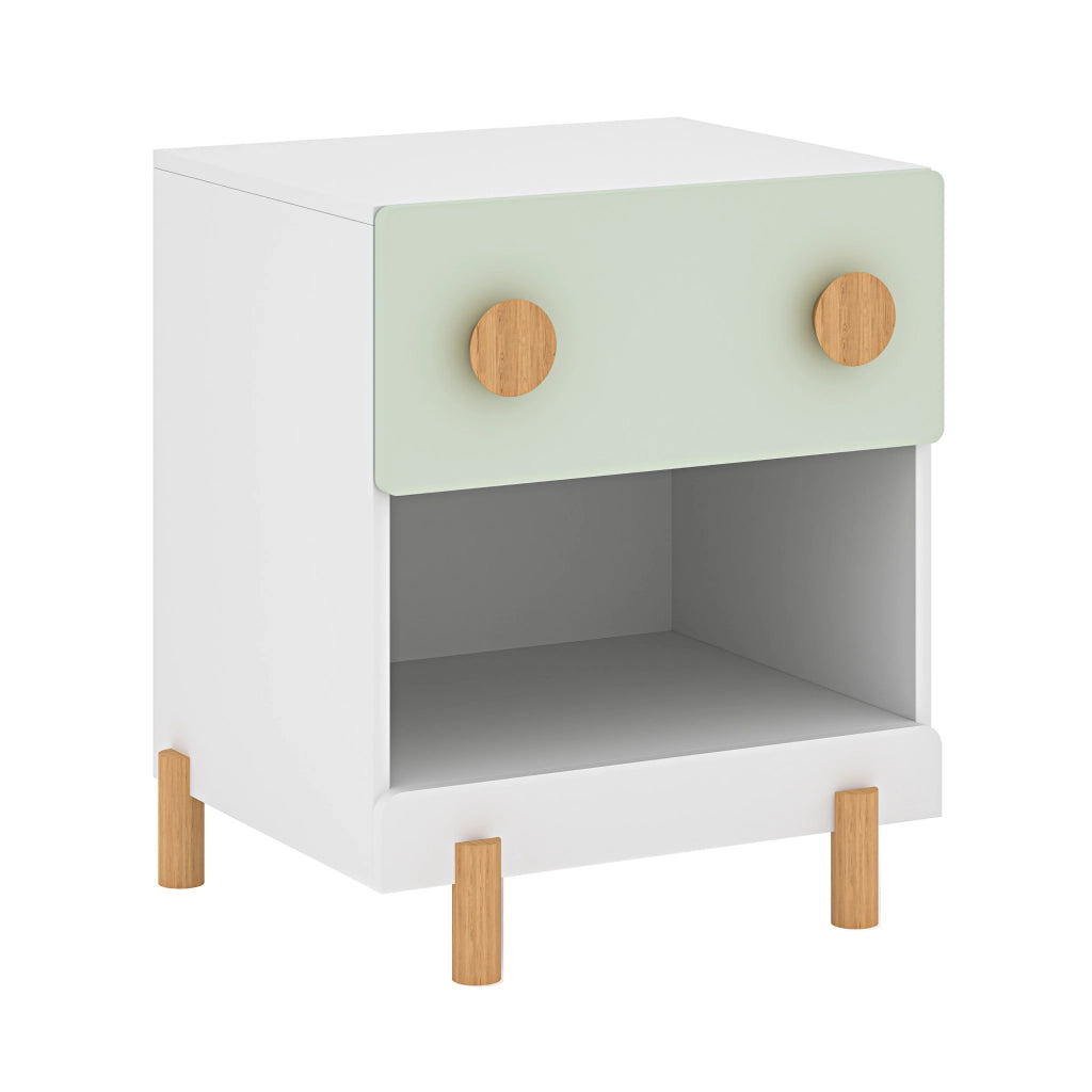 Comodino per Cameretta Vaarentaa con Cassetto e Scomparto Aperto 47x40x35 cm - Bianco/Verde Menta [en.casa]