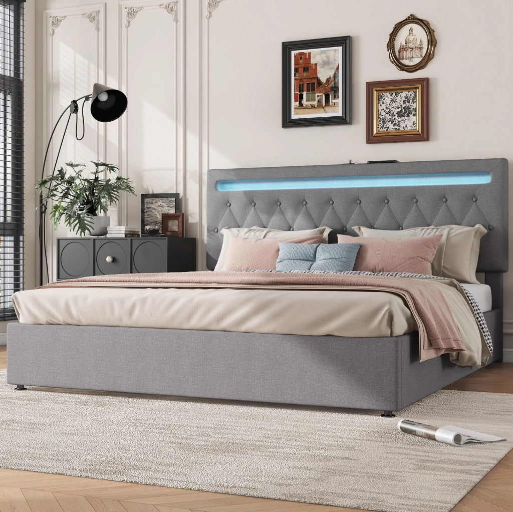 Letto imbottito 180x200 cm grigio con contenitore idraulico, LED e USB