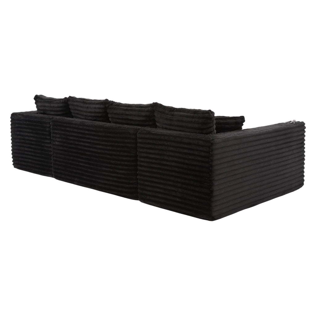 Divano modulare a U con portabicchieri e tasche laterali in velluto a coste nero con 4 cuscini 320 × 155 × 88 cm