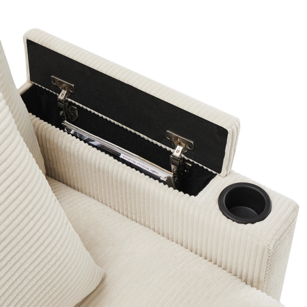 Divano angolare reversibile 3 posti con ricarica USB, ripiano bracciolo, 2 cuscini, velluto a coste Beige