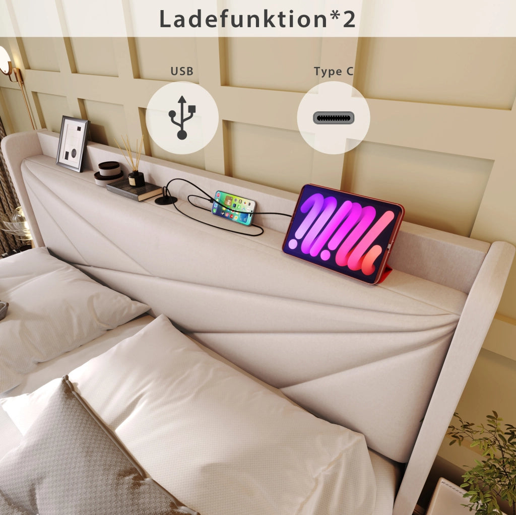 Letto matrimoniale contenitore 180x200 cm beige con USB e USB-C