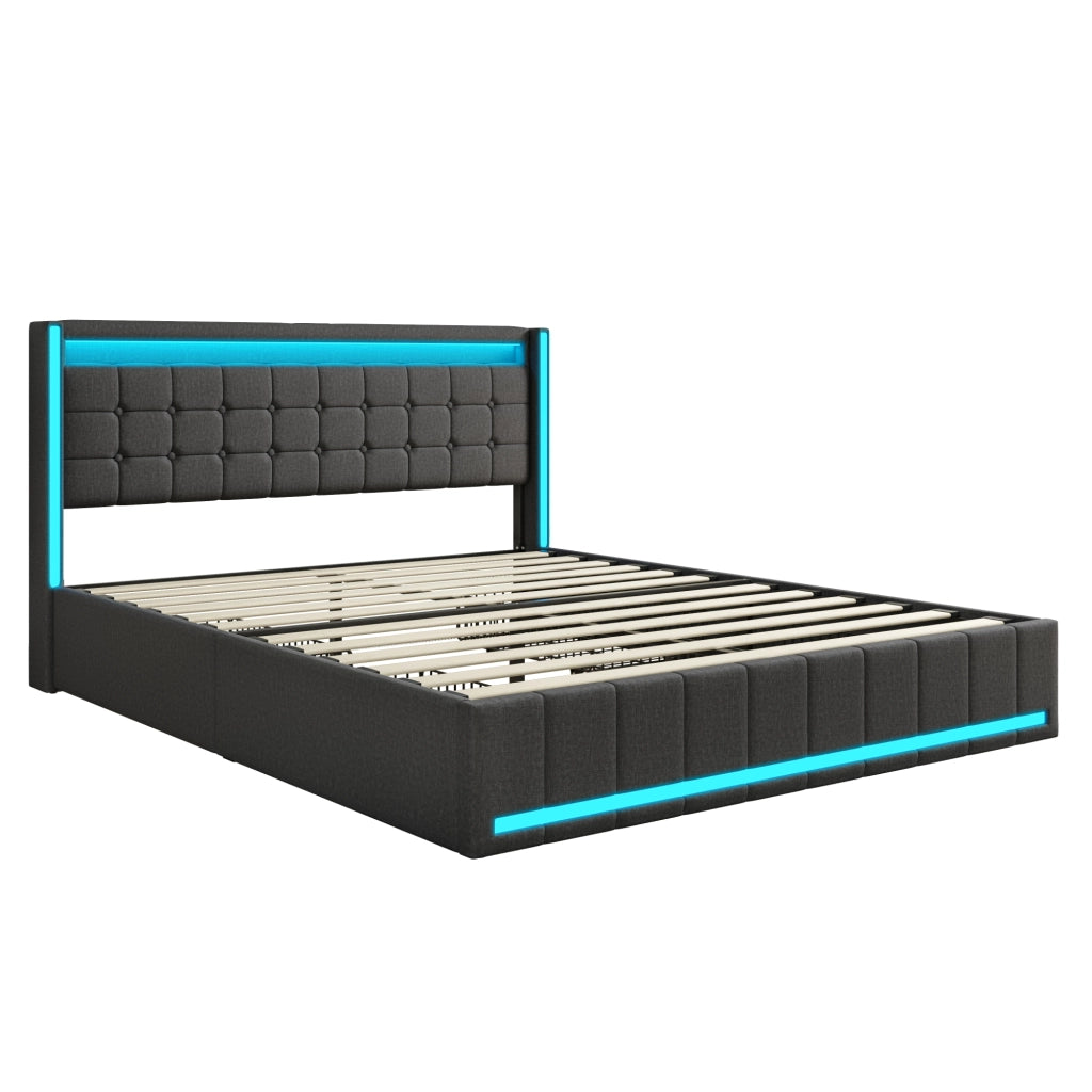 Letto 160x200 cm con contenitore; LED e porte USB in legno e MDF grigio scuro