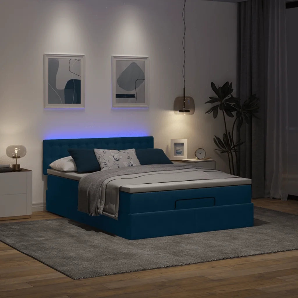 Struttura Letto Pouf con Materasso Blu 140x200cm in Velluto