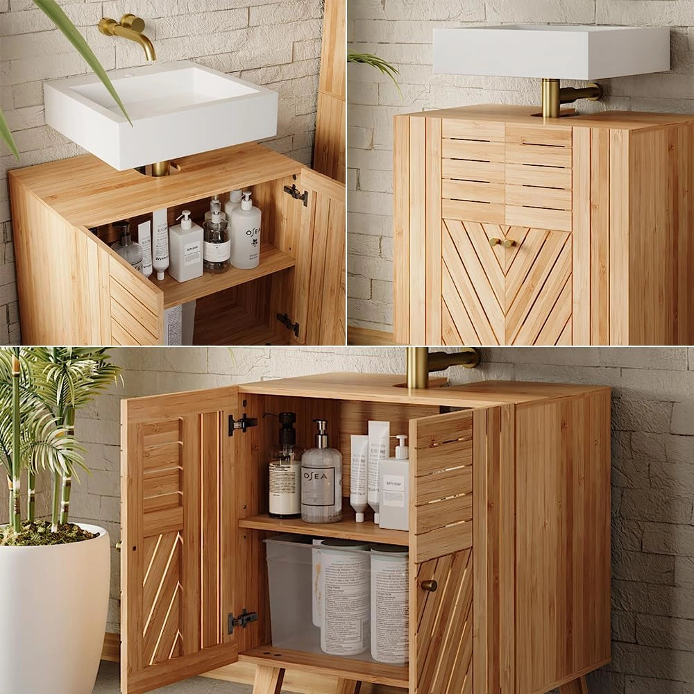 Mobiletto per lavabo Lucie, Bambù, 60 x 65 cm con 2 porte, adatto per la conservazione salvaspazio di accessori da bagno