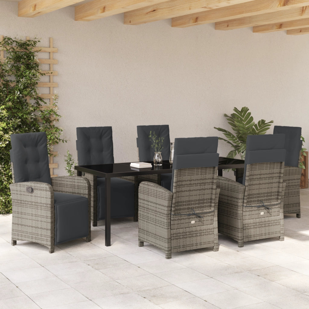 Set da Pranzo per Giardino  7 Pezzi con Cuscini Grigio Rattan Sintetico